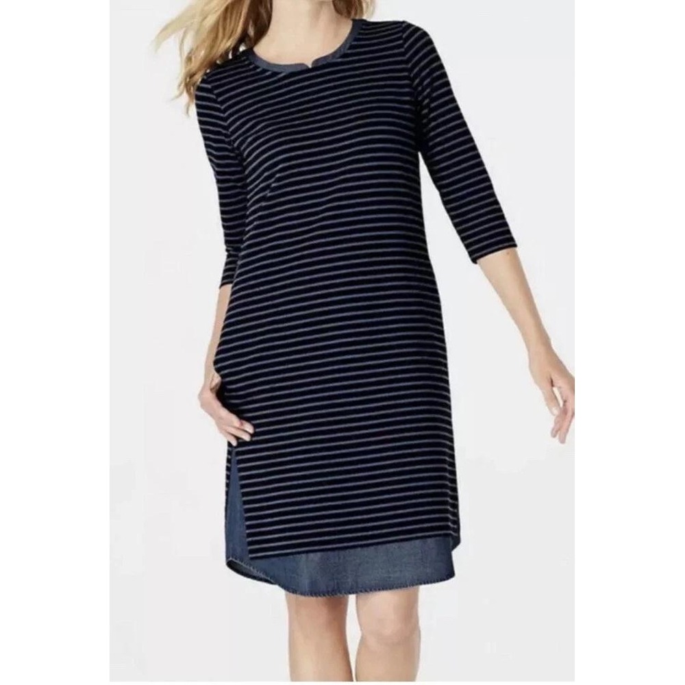 J. Jill Striped Tunic Dress NWT Womens XLT Navy Blue Cotton Tencel Mixed Media